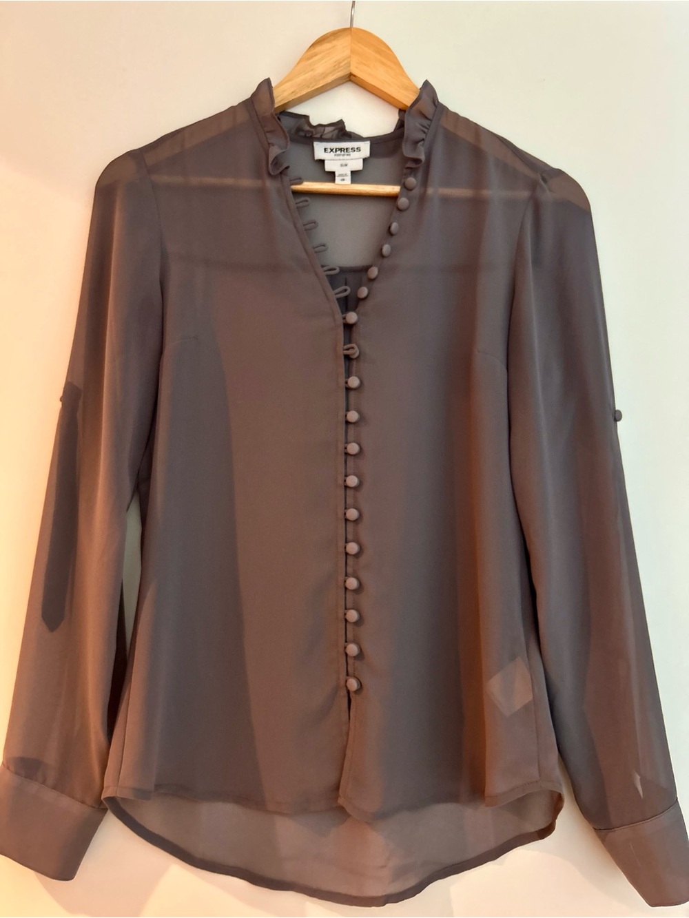 Express Sheer Button-Front Long Sleeve Blouse in Taupe Gray